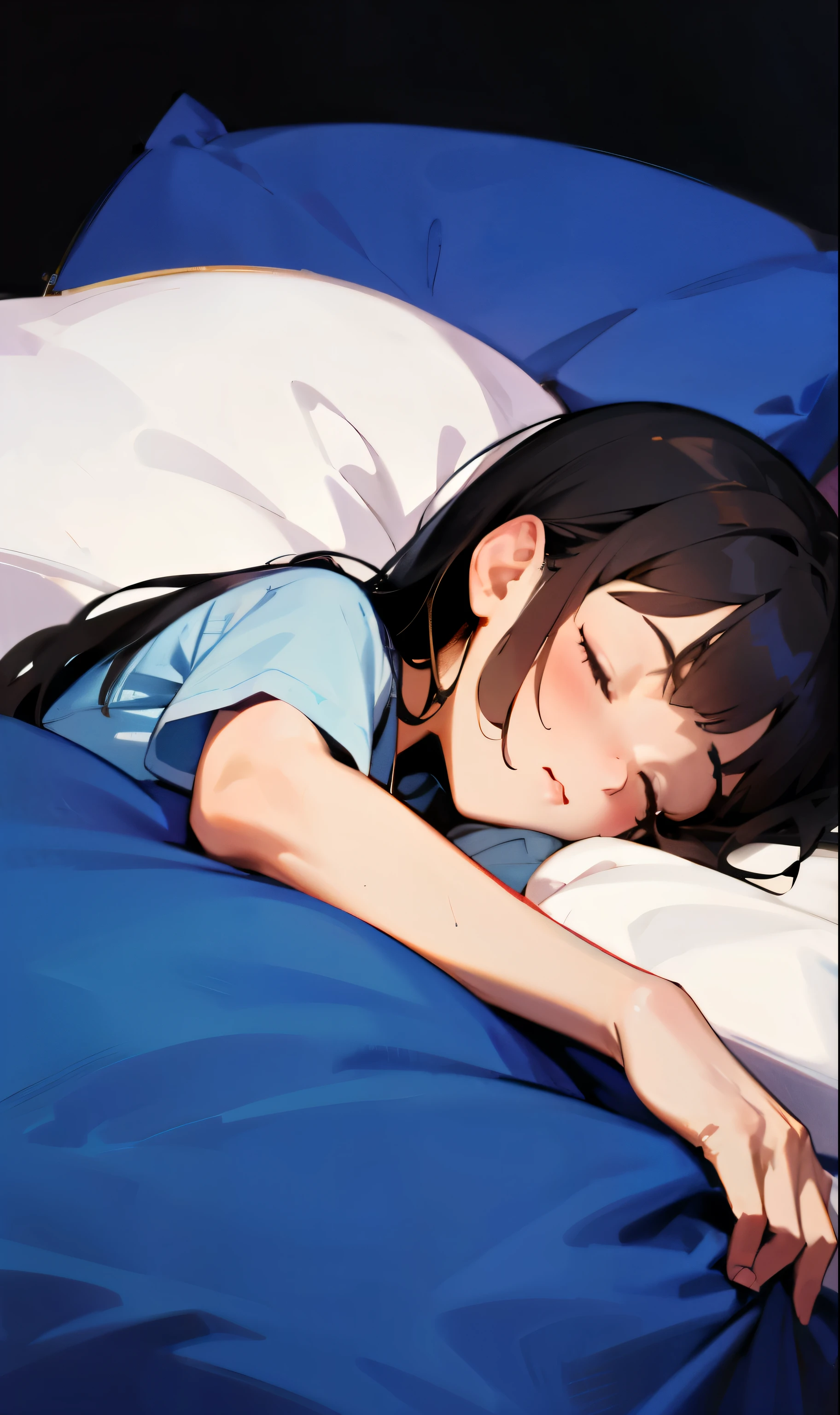 (Highest quality, masterpiece, Ultra-realistic), Beautiful and delicate１５Year-old girl portrait,, The background is the bedroom at home.、Sleeping with a calm expression、Time is midnight、It&#39;s pitch black in the room.、It&#39;s raining outside