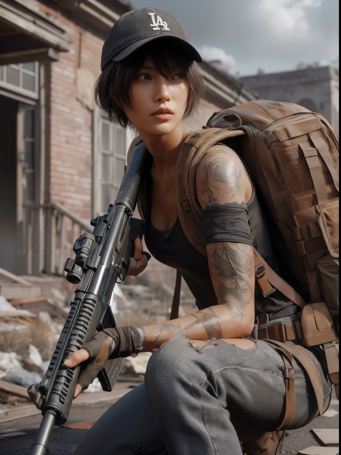 Photorealsitic、realistic skin textures、automatic rifle、The tattoo