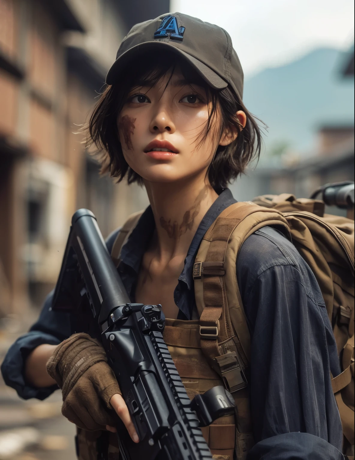 Photorealsitic、realistic skin textures、automatic rifle