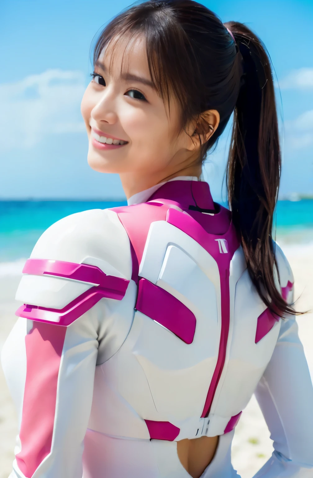(ultra best quality、8K、masuter piece、delicate illustration)、(futuristic pink and white hero suit) 、(Very plump body 1.1、Super Big 1.1)、smiling at the viewer、Ponytail with black hair、the beach、Shot from a distance