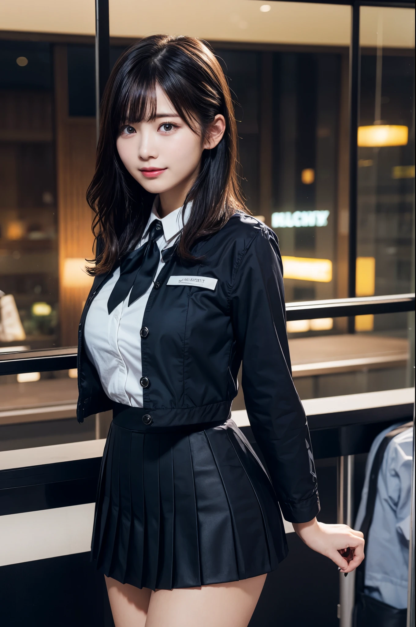 (extremely details CG、Unity、8K wallpaper best?Delicate and beautiful)、(?masutepiece)、(top-quality:1.0)、(超hight resolution:1.0)、beautiful  lighting、perfect lightning bolt、realistic shadow、[hight resolution]、Detailed skin、ultra-detailliert、detailed faces and eyes、Realistic eyes、Sharp pupils、huge drip:1.2)、cowboy  shot, Hotel、Tour conductor、Evening glow、beauitful face、blurry backround、16-year-old beautiful girl、shinny skin、Side Up、Beautiful black hair、Blunt bangs、(Katyusha:1.2)、Stewardess、Pleated miniskirt、Curve、(You can see light panties:1.0)、Gentle smile、