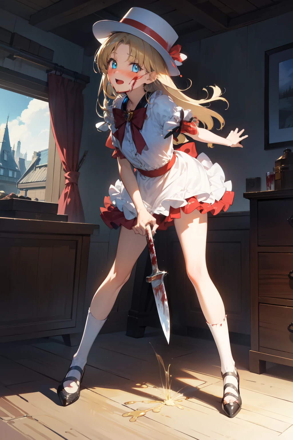 (1girl, solo), nadja, blonde hair, (parted bangs:1.5), (blue eyes:1.5), long hair, (small breast:1.2), (hair ribbon, red bow, argyle, (red argyle sleeves:1.1), porkpie hat, (hat bow:1.2), frills, frilled dress, hat, hat flower,) looking at viewer, evil smile, blush, (blood, covered in blood, blood on arm, blood on face, blood on clothes, blood on hands, holding knife, knife), red heart brooch, jewelry, shoes, indoor, (masterpiece:1.2), best quality, high resolution, unity 8k wallpaper, (illustration:1.5), anime style, (beautiful detailed eyes:1.6), extremely detailed face, perfect lighting, extremely detailed CG, (perfect hands, perfect anatomy), (dynamic pose, dynamic angle:1.1), serial killer, slasher, (full body:1.2), (depth of field), quality focus, sharp focus, perfect composition, dappled sunlight, tree, shaded face, fantasy setting, fairytale village in background, various colors, (details:1.2), colorful, shadow, scenery, graphedium, intricate, caustics, wide shot, extremely detailed background, peeing,