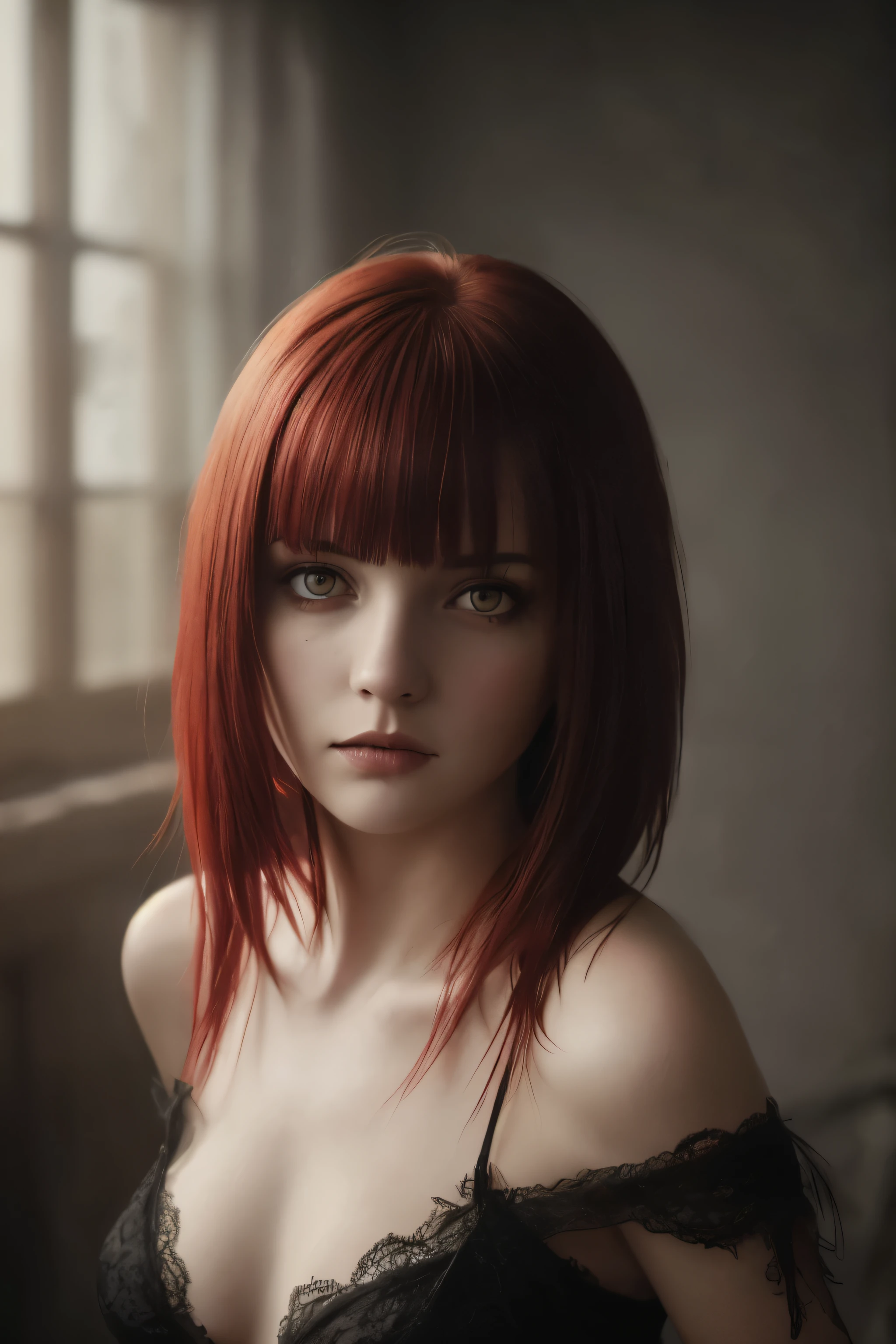 (realisti:1.2), Analog Photography Style, cute woman with short black hair and red bangs, red eyes, (gloomy and dark atmosphere), soft natural lighting, Faded colors, Sexy, pleasure, great quality, Masterpiece, Detailed fantasy backstory, Better Performance, 16k quality, HDR, RAW photo