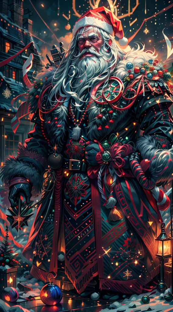 (best quality,4k,8k,highres,masterpiece:1.2),ultra-detailed,(realistic,photorealistic,photo-realistic:1.37),Santa Claus as a boss of the game Dark Soul in the Christmas DLC, (muscular), (holding a giant candy cane), Santa suit mixed with fantasy Dark Soul armor, detailed face with a long white beard, intense eyes glowing with a magical light, sinister smile, realistic shadows and highlights, eerie dark ambiance, vibrant colors, intricate details on the armor, unique combination of Christmas and dark fantasy elements, captivating and dynamic composition, epic and intimidating presence, glowing runes on the armor, intricate ornaments on the Christmas tree, ethereal glow surrounding Santa Claus, majestic and powerful, ready to bring joy and despair to the game's players,,surrounded by a snowy landscape,with large icicles hanging from the environment,casting a golden aura,[epic battle scene],intense fire and smoke effects,[vivid colorokeh],blue and white color scheme with hints of gold, dramatic lighting with warm highlights and cool shadows.