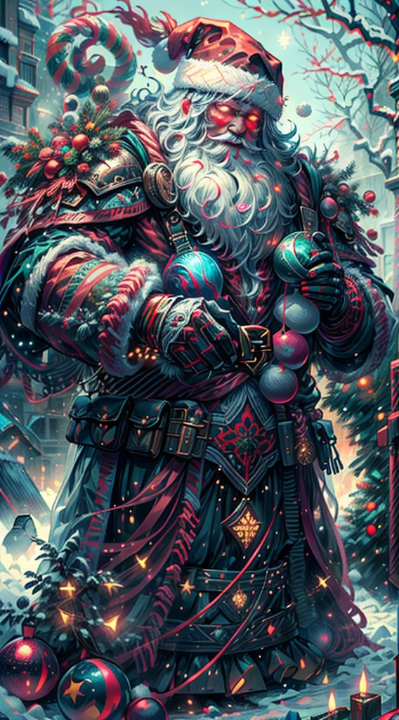 (best quality,4k,8k,highres,masterpiece:1.2),ultra-detailed,(realistic,photorealistic,photo-realistic:1.37),Santa Claus as a boss of the game Dark Soul in the Christmas DLC, (muscular), (holding a giant candy cane), Santa suit mixed with fantasy Dark Soul armor, detailed face with a long white beard, intense eyes glowing with a magical light, sinister smile, realistic shadows and highlights, eerie dark ambiance, vibrant colors, intricate details on the armor, unique combination of Christmas and dark fantasy elements, captivating and dynamic composition, epic and intimidating presence, glowing runes on the armor, intricate ornaments on the Christmas tree, ethereal glow surrounding Santa Claus, majestic and powerful, ready to bring joy and despair to the game's players,,surrounded by a snowy landscape,with large icicles hanging from the environment,casting a golden aura,[epic battle scene],intense fire and smoke effects,[vivid colorokeh],blue and white color scheme with hints of gold, dramatic lighting with warm highlights and cool shadows.