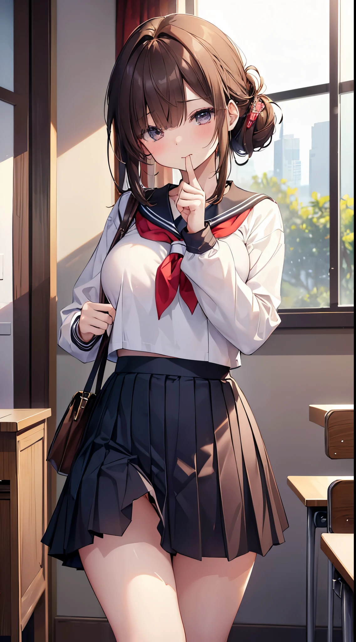 (top-quality、8K、32K、masterpiece、nffsw、超A high resolution、Impresionismo、Photorealsitic:1.2)、Colossal tits、cowboy shot, detailed faces and eyes、 Inside the classroom、Schools、Evening glow、beauitful face、blurry backround、-yeld beiful girl、shinny skin、half updo、beautiful brown hair、dull bangs eyes、(I closed one eye、put index finger on mouth:1.2)、a sailor suit、Pleated miniskirt、Curve、(Lifting skirt、I can see panties:1.2)、thighs thighs thighs thighs、(Navel Ejection:0.4)、dynamicposes