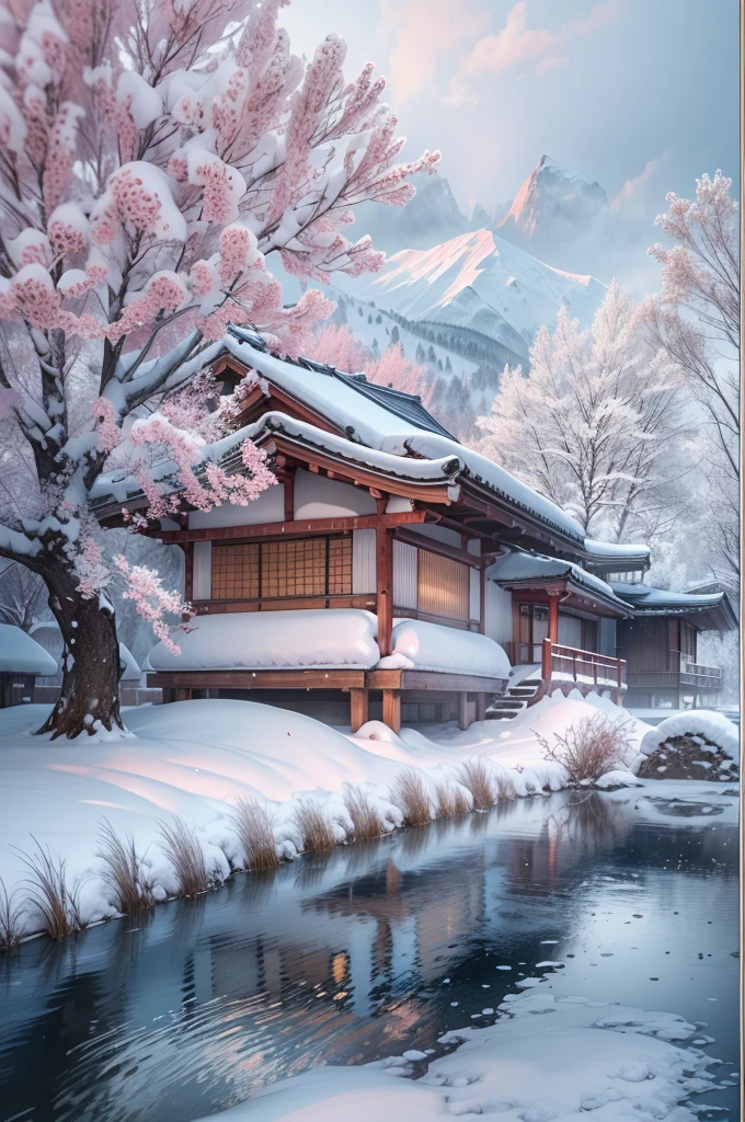 (Best Quality, 8K, masutepiece :1.3), snow mountains, Quiet snow-capped landscape, Breathtaking natural landscapes, Outside, traditional japanese building, quiet mountain resort, A quiet winter wonderland, Snow-covered peaks, Majestic beauty, pristine white snow,