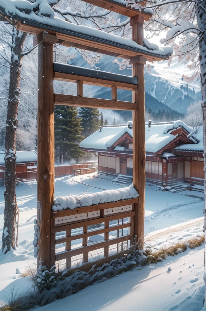 (Best Quality, 8K, masutepiece :1.3), snow mountains, Quiet snow-capped landscape, Breathtaking natural landscapes, Outside, traditional japanese building, quiet mountain resort, A quiet winter wonderland, Snow-covered peaks, Majestic beauty, pristine white snow,