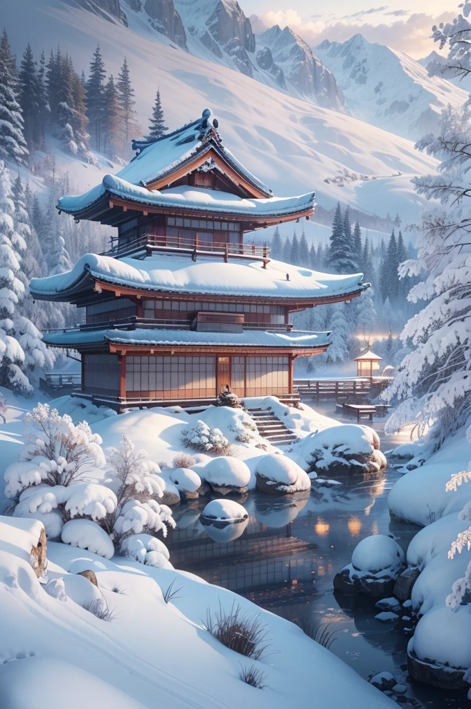 (Best Quality, 8K, masutepiece :1.3), snow mountains, Quiet snow-capped landscape, Breathtaking natural landscapes, Outside, traditional japanese building, quiet mountain resort, A quiet winter wonderland, Snow-covered peaks, Majestic beauty, pristine white snow,