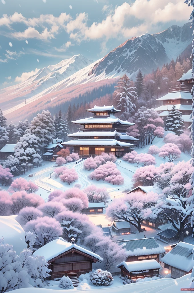 (Best Quality, 8K, masutepiece :1.3), snow mountains, Quiet snow-capped landscape, Breathtaking natural landscapes, Outside, traditional japanese building, quiet mountain resort, A quiet winter wonderland, Snow-covered peaks, Majestic beauty, pristine white snow,