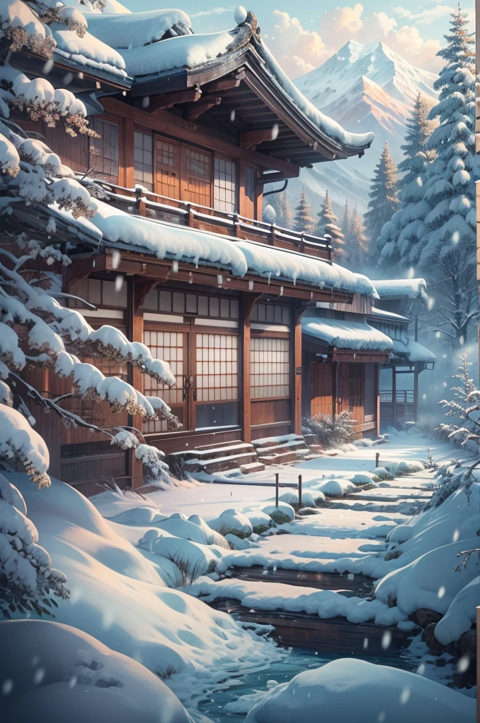 (Best Quality, 8K, masutepiece :1.3), snow mountains, Quiet snow-capped landscape, Breathtaking natural landscapes, Outside, traditional japanese building, quiet mountain resort, A quiet winter wonderland, Snow-covered peaks, Majestic beauty, pristine white snow,