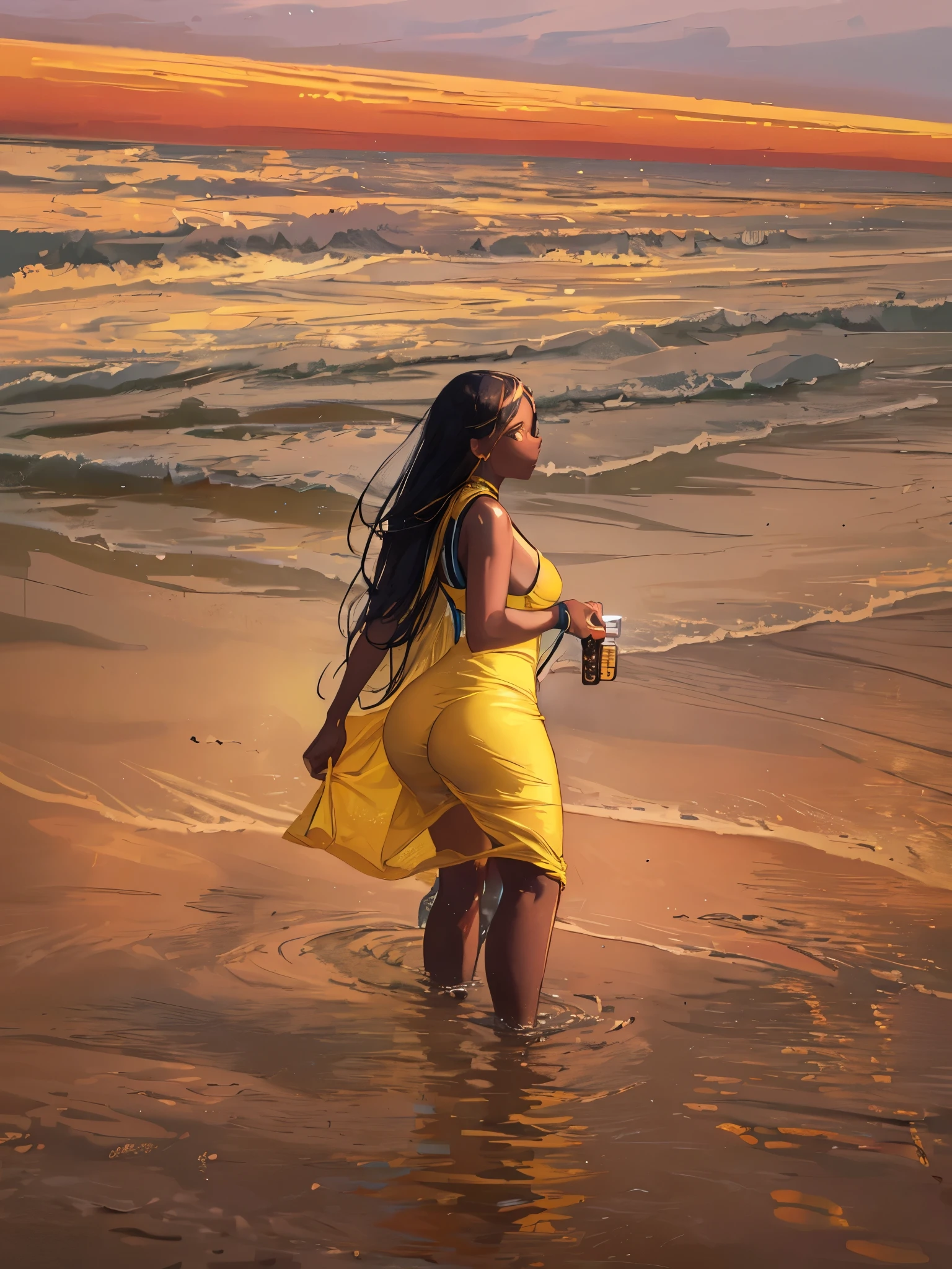 photograph of 28 year old dark-skinned african-american woman wearing a yellow sundress walking on top of water in the ocean. Beautiful, gorgeous, sexy, cute, and erotic. Long eyelashes, pretty eyes, black hair, perky lips. 36dd breast, big buttocks, curvaceous body. yellow high heels, diamond ring., cinematic lighting, reflection light, backlighting, UHD, masterpiece, anatomically correct, textured skin, super detail, 8k