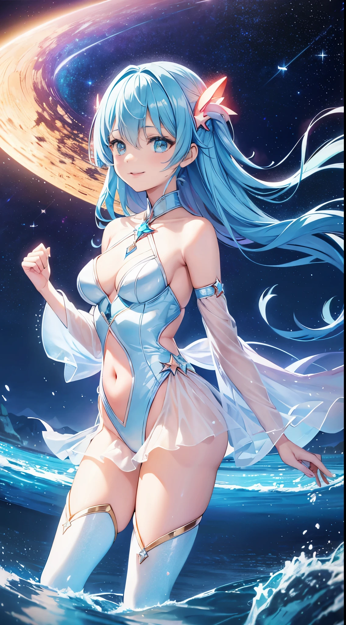 {{{masutepiece}}}, {{best qualtiy, An ultra-fine illustrations, beautifulanddelicatewater}}, {{very delicate light}}, {{Nature, Painting}}, {{Fine Lighting, More  stars, Very fine 8K PCG wallpaper}}, (plateau), Sunrise, randomly distributed clouds, cliff, ((Rotating starry sky)), Beautiful girl with long light blue hair with luminous particles、Twin-tailed、adorable smiling、facing front、Super Gloss Metallic Coral Rainbow  Holographic Suit:1.2),Pink and white costume