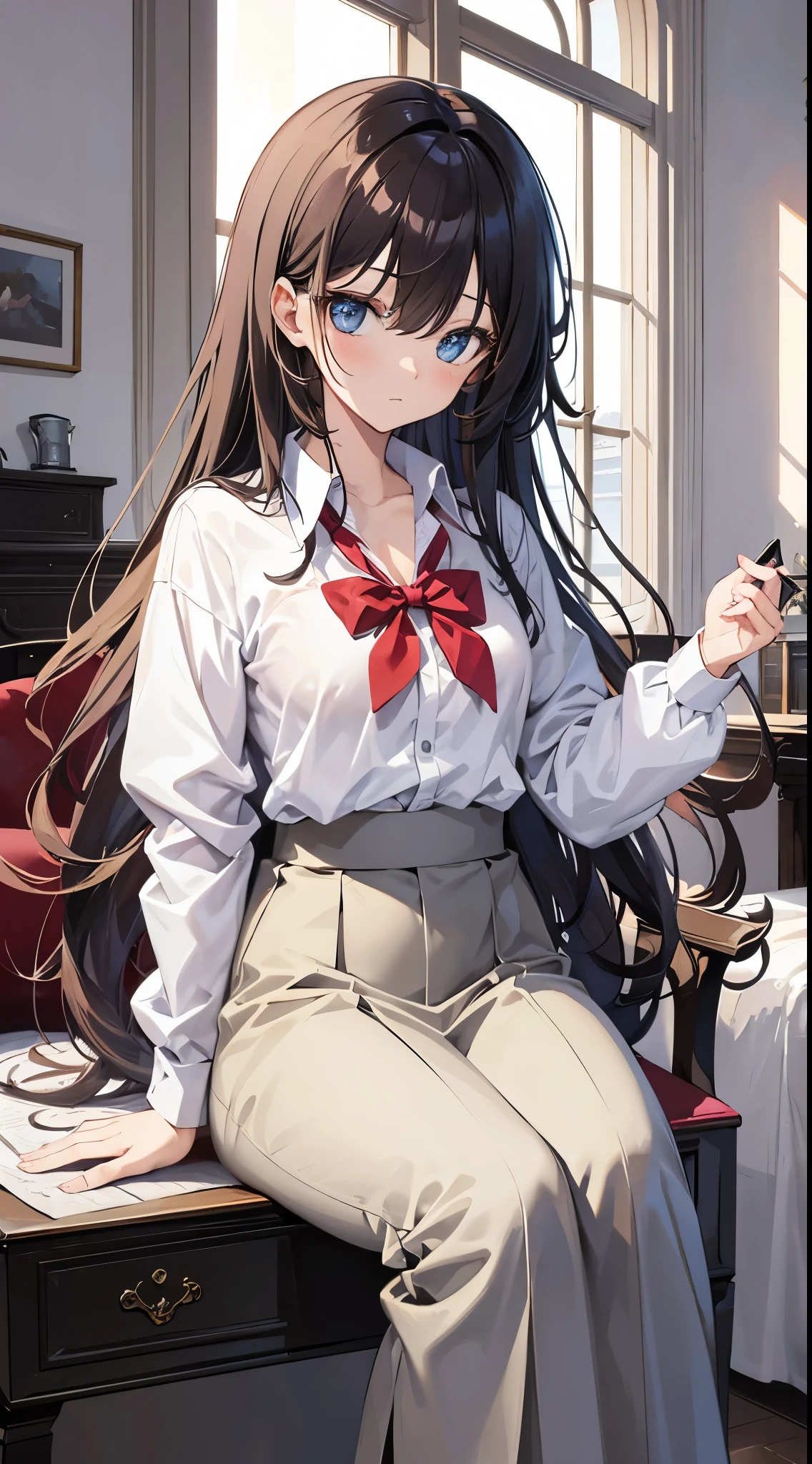 HighestQuali,tmasterpiece,s the perfect face,Long messy hair,animemanga girl,interior sceneurniture, white shirt