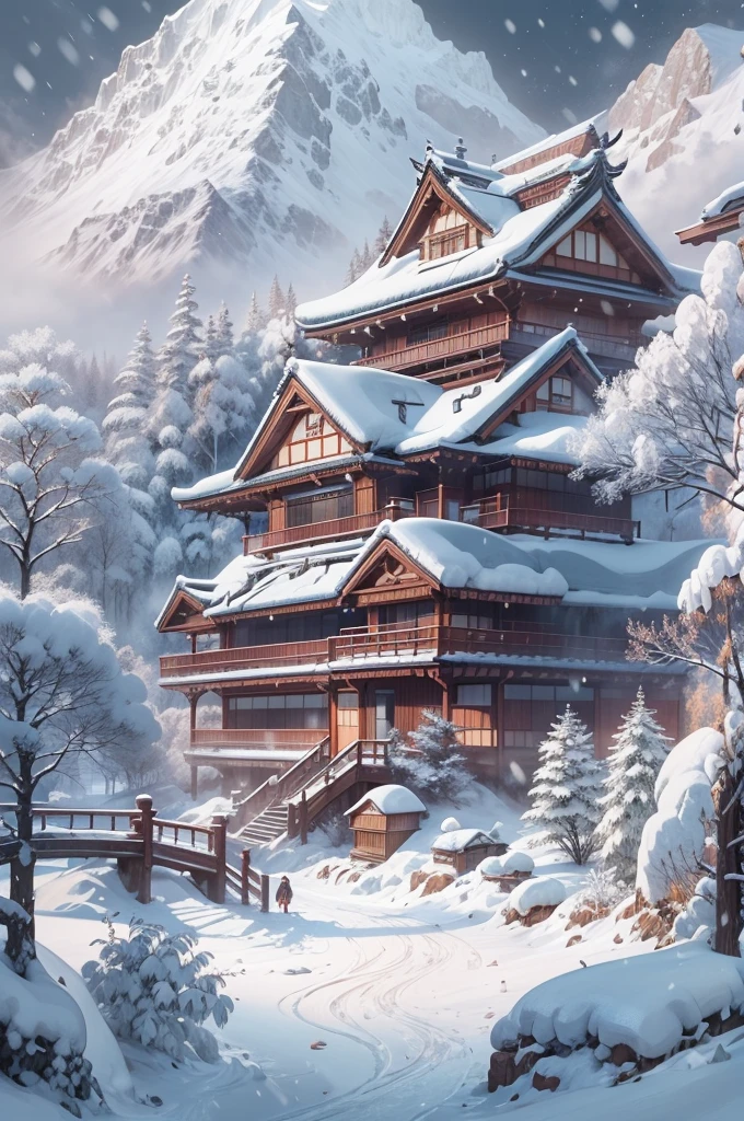 (Best Quality, 8K, masutepiece :1.3), snow mountains, Quiet snow-capped landscape, Breathtaking natural landscapes, Outside, traditional japanese building, quiet mountain resort, A quiet winter wonderland, Snow-covered peaks, Majestic beauty, pristine white snow,