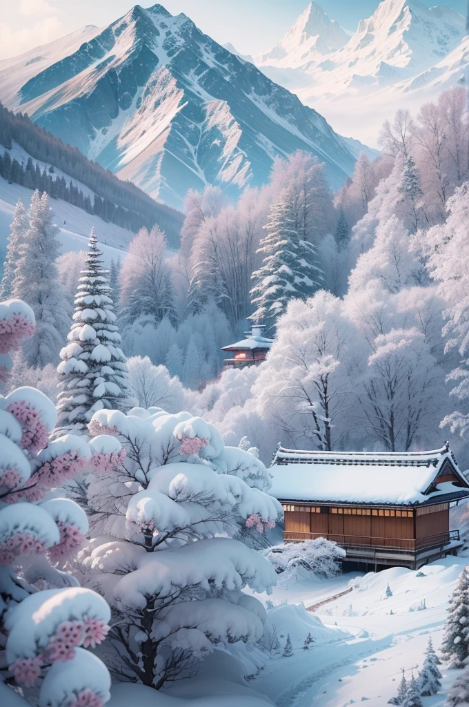 (Best Quality, 8K, masutepiece :1.3), snow mountains, Quiet snow-capped landscape, Breathtaking natural landscapes, Outside, traditional japanese building, quiet mountain resort, A quiet winter wonderland, Snow-covered peaks, Majestic beauty, pristine white snow,