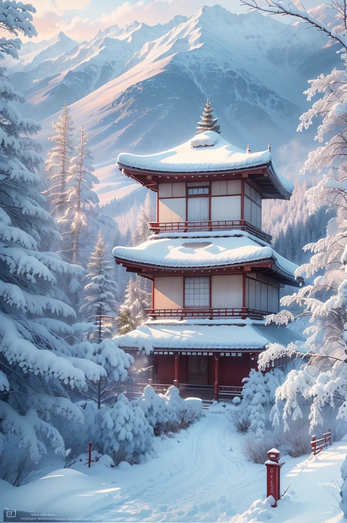 (Best Quality, 8K, masutepiece :1.3), snow mountains, Quiet snow-capped landscape, Breathtaking natural landscapes, Outside, traditional japanese building, quiet mountain resort, A quiet winter wonderland, Snow-covered peaks, Majestic beauty, pristine white snow,
