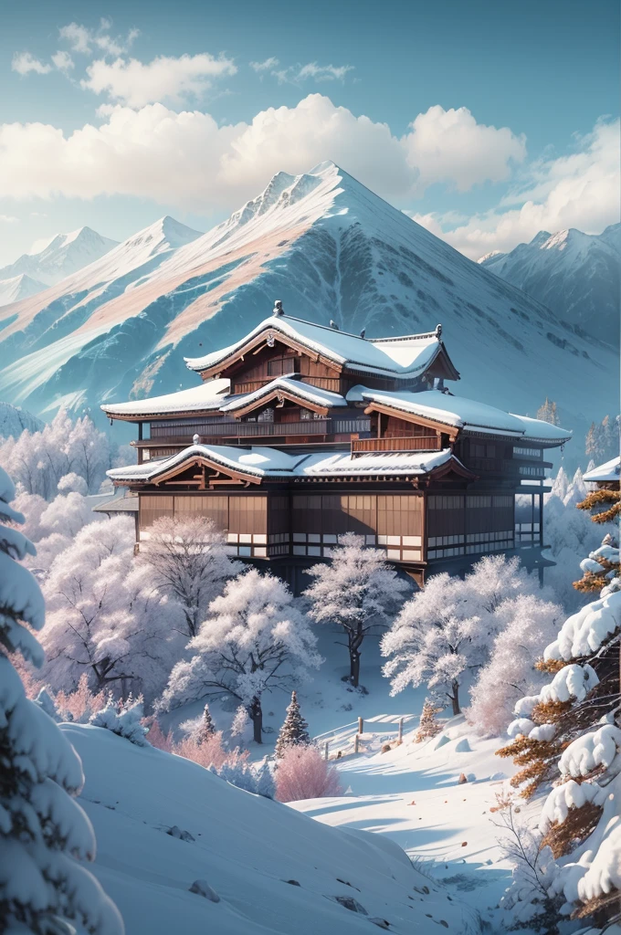 (Best Quality, 8K, masutepiece :1.3), snow mountains, Quiet snow-capped landscape, Breathtaking natural landscapes, Outside, traditional japanese building, quiet mountain resort, A quiet winter wonderland, Snow-covered peaks, Majestic beauty, pristine white snow,