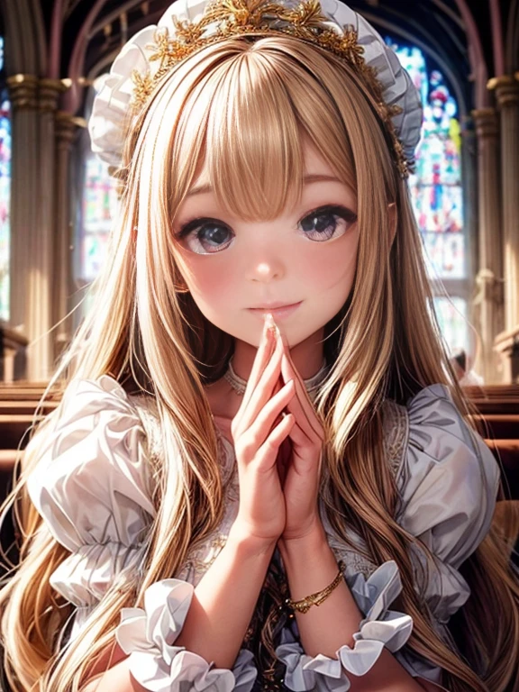 In front of the altar of a majestic church、(blurry backround)、brightened light、golden long hair girl、Classic White Wedding Dresses、(elegant luster)、(Lots of races)、lots of ribbons、((voluminous puff sleeves))、long cuffs with many buttons、golden embroidery、Long Train、white embroidered gloves、((5 fingers))、A smile、Redness of the cheeks、((very closeup))、((facial close-up))