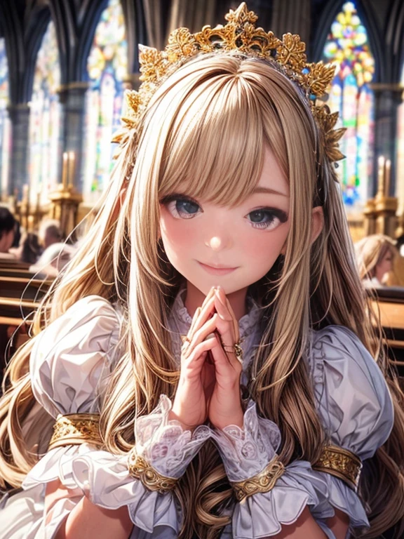 In front of the altar of a majestic church、(blurry backround)、brightened light、golden long hair girl、Classic White Wedding Dresses、(elegant luster)、(Lots of races)、lots of ribbons、((voluminous puff sleeves))、long cuffs with many buttons、golden embroidery、Long Train、white embroidered gloves、((5 fingers))、A smile、Redness of the cheeks、((very closeup))、((facial close-up))