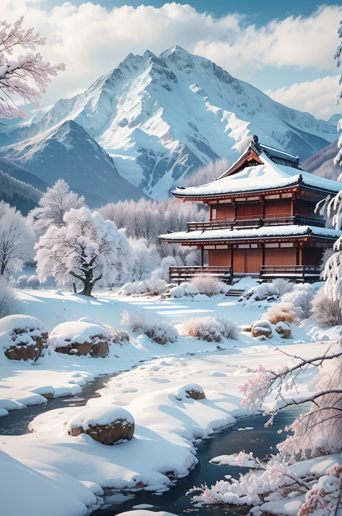 (Best Quality, 8K, masutepiece :1.3), snow mountains, Quiet snow-capped landscape, Breathtaking natural landscapes, Outside, traditional japanese building, quiet mountain resort, A quiet winter wonderland, Snow-covered peaks, Majestic beauty, pristine white snow,