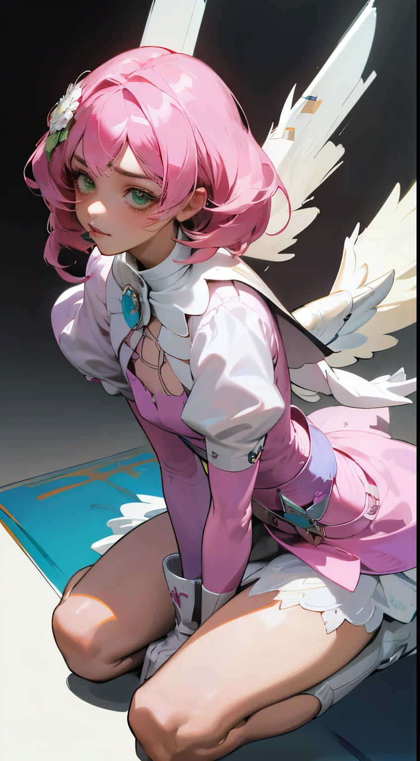 Alisa bosconovitch, melhor qualidade, contemporary, estilo plano, minimalismo, Green Eyes Flat Illustration, cabelo rosa, cabelo curto, cabelos multicoloridos, Camisa Preta, mechanical wings, Head Portrait Close-U, peito pontudo, decote, super decote, middlebreasts, Tekken，cabelo rosa pastel, 1girl, em quimono, hand-painted，Desenho de linha sem cor, colorida do yandere pastel, Tekken, [Detailed illustrations, Arte baseada em anatomia extremamente ideal, desenhos muito detalhados e detalhados, delicate lines with slowness and urgency, Realistic texture expression],(((Linhas principais coloridas)),(Obras de arte com excelente artesanato),(fundo do parque),[ anime Menina japonesa bonita 14 anos de idade Skinny] cabelo rosa claro, com roupa de empregada，figura esbelta，robusto，He sat on the floor，Vestido com roupas de empregada rosa e branco，cabelos muito curtos，com orelhas de gato，quadratic element，, kawaii cor-de-rosa na roupa da era de 1910, Alisa Bosconovich pink lips, no estilo da paleta de cores suave aurorapunk, an anime illustration of his face, gifs animados, hand drawn animation, charming sketches, suave e brilhante, romantismo nebuloso, Estilo Superflat, fundo branco - ar 1:1 - niji 5 - estilo expressivo --s 50