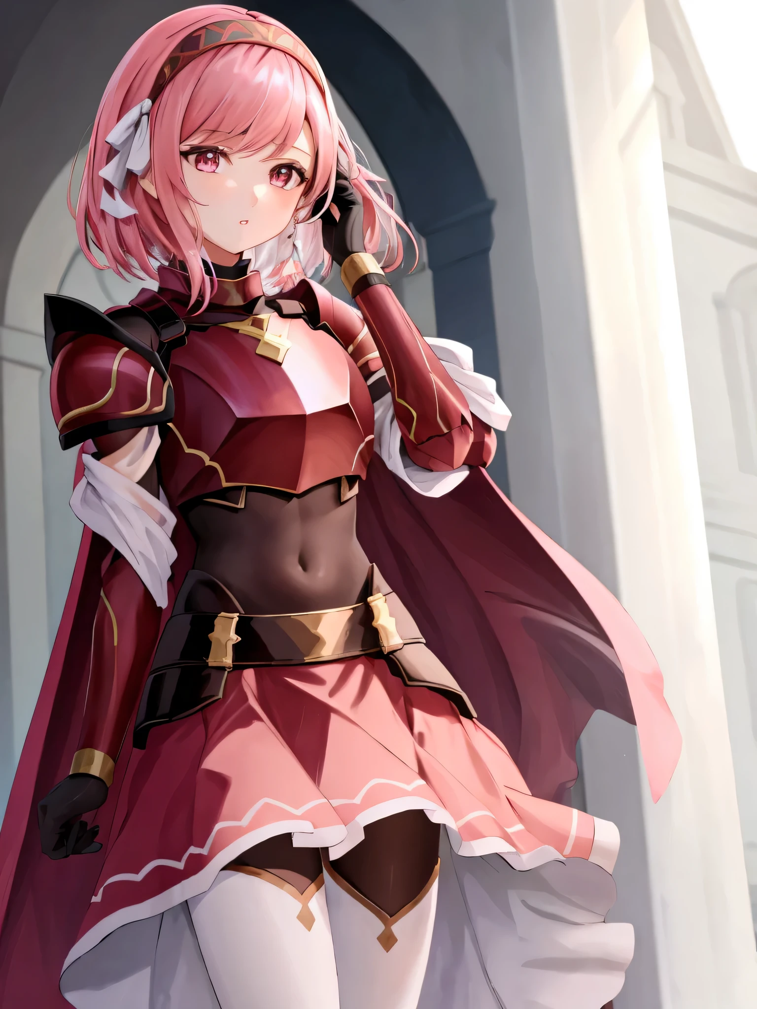 lapis fe, 1girl, solo, looking at viewer, bangs, skirt, gloves, braid, cowboy shot, hairband, parted lips, black gloves, pink eyes, cape, armor, red skirt, shoulder armor, side braid, hand in own hair, breastplate