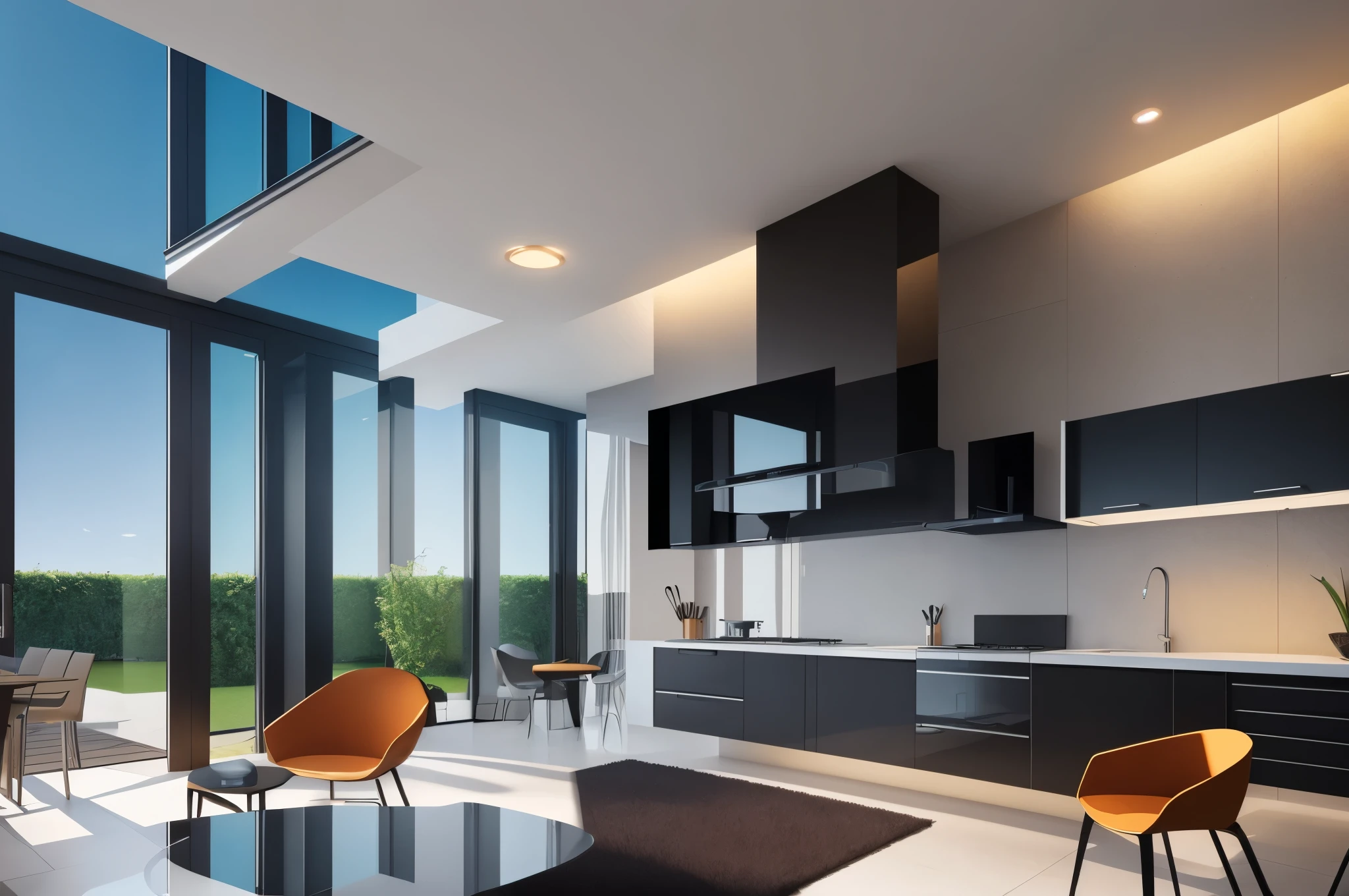 living room and kitchen, modern architecture style, futuristic palace, surreal sci fi architecture. --auto --s2