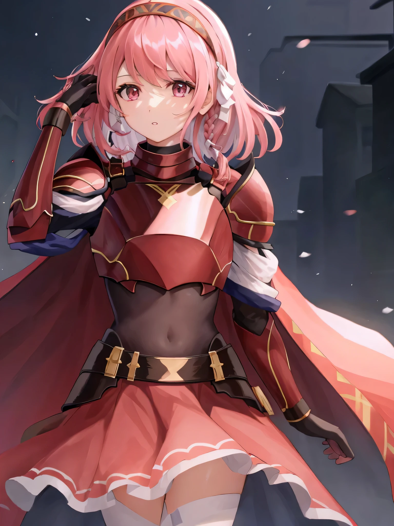 lapis fe, 1girl, solo, looking at viewer, bangs, skirt, gloves, braid, cowboy shot, hairband, parted lips, black gloves, pink eyes, cape, armor, red skirt, shoulder armor, side braid, hand in own hair, breastplate