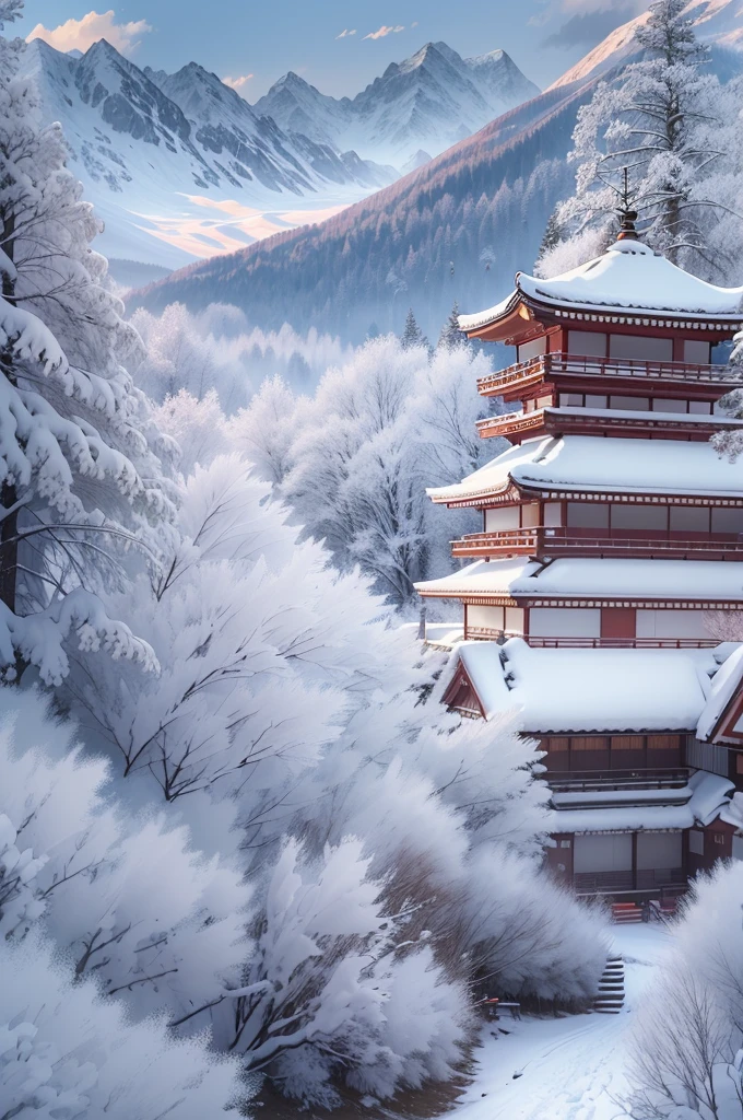 (Best Quality, 8K, masutepiece :1.3), snow mountains, Quiet snow-capped landscape, Breathtaking natural landscapes, Outside, traditional japanese building, quiet mountain resort, A quiet winter wonderland, Snow-covered peaks, Majestic beauty, pristine white snow,