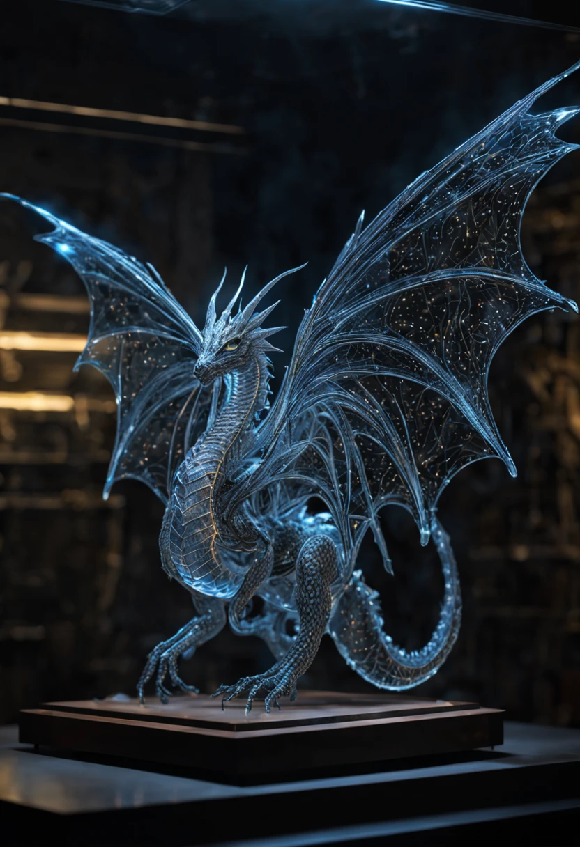 Transparent Wireframe hologram, 3d Holographic display, sci fi hologram projection, intricately detailed digital image hologram of a  see through silhouette Wireframe dragon with spread wings with good anatomy, laser cut completely within inside of a sparkling glittering glowing glass cube, on display in science laboratory, (hyperdetailed, splash art, intricately detailed, a masterpiece, 8k resolution, dark fantasy concept art, dynamic lighting, trending on Artstation, volumetric lighting, Ray tracing: .9)