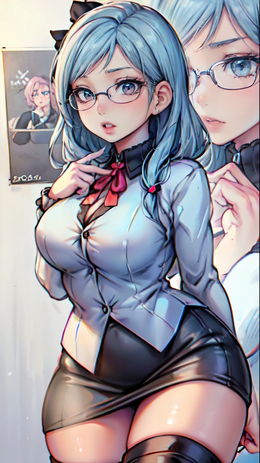 Masterpiece, beautiful art, professional artist, 8k, art style by sciamano240, very detailed face, detailed hair, detailed clothes, detailed fabric, 1girl, perfectly drawn body, beautiful face, long hair, light blue hair , very detailed blue cat eyes, wearing teacher clothes, thigh boots, pencil skirt, glasses, looking angrily over glasses, pouty lips , rosey cheeks, school setting, detailed background, blackboard, zoom in face , show details in eyes, upclose view, looking at viewer, angry expression,