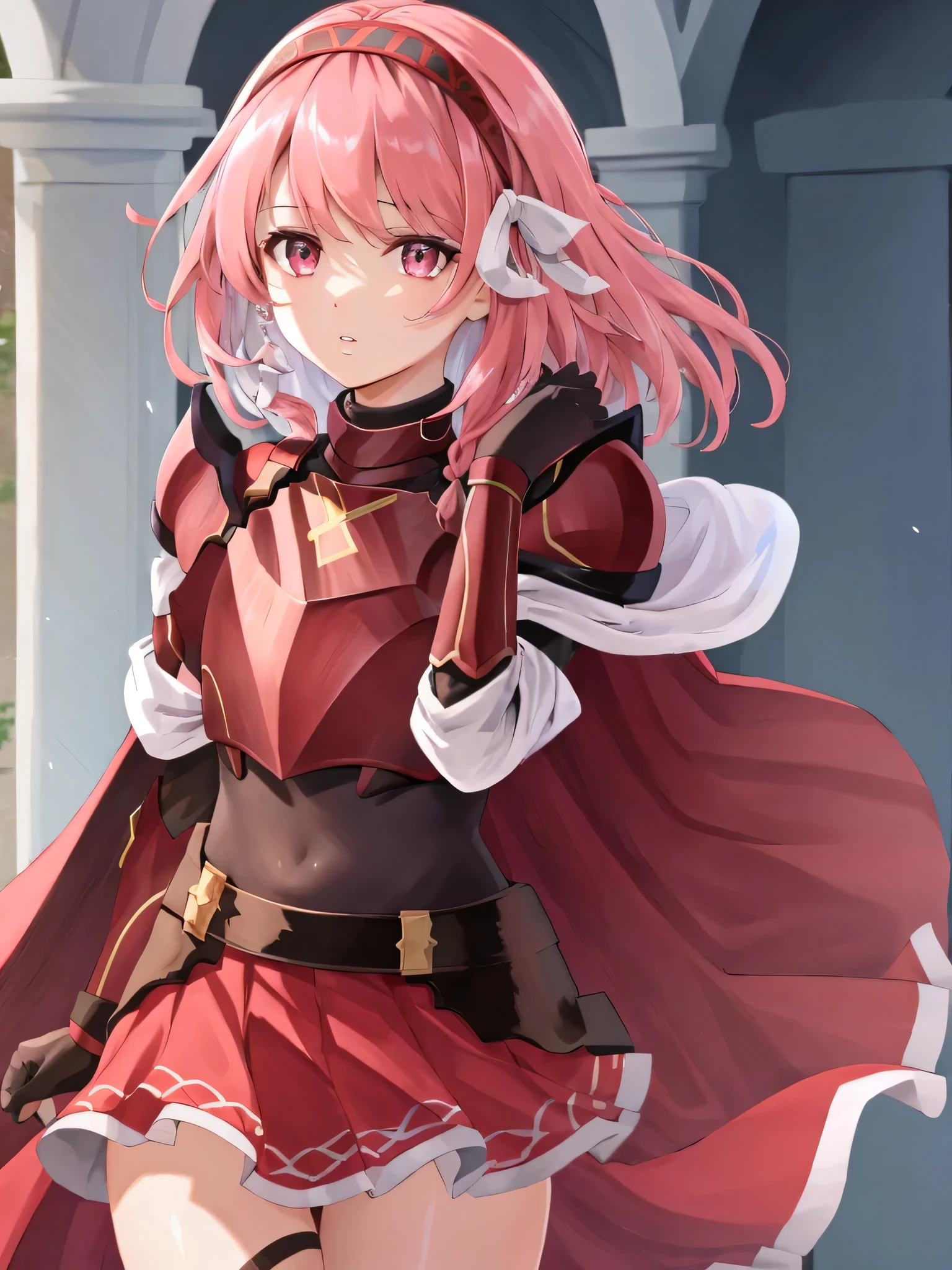 lapis fe, 1girl, solo, looking at viewer, bangs, skirt, gloves, braid, cowboy shot, hairband, parted lips, black gloves, pink eyes, cape, armor, red skirt, shoulder armor, side braid, hand in own hair, breastplate