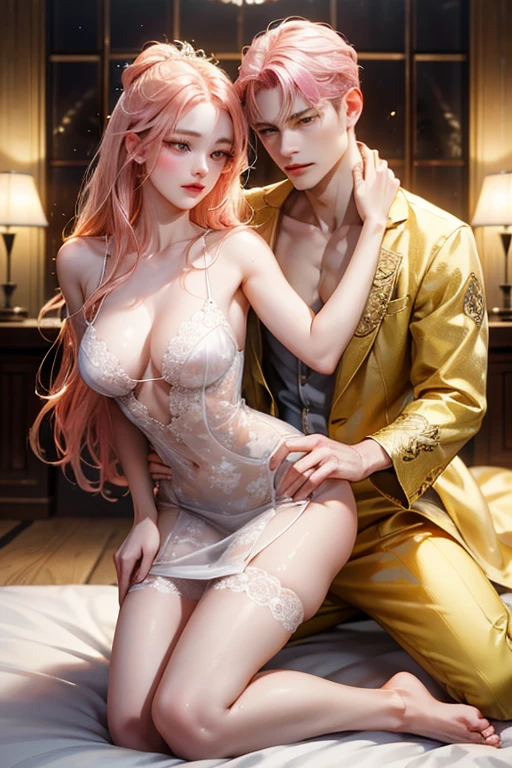 黄色い目をした背の高いember, person with blonde hair and yellow eyes、it has a piercing gaze, his eyes glowing yellow, ハンサムなember, Beautiful shape、Blonde shorthair、Long bodymodeled、Best style、full bodyesbian、(Enrich your images、Supreme level of quality)美Right8K CGアートワーク、Goddess-like posture、Kneeling exercise、Slim and soft、Translucent skin、Pink hair、Extra longhair beauty、Super long straight hair,the skin is fair and juicy,,Big Lingerie,Perspectives Part 1.2x Enhanced silhouette effect,Exquisite transparent blues pattern on pajamas,細部は複雑でExquisite,Attractive and greedy legs spread、Perfect body slim curve、Hugging、kissing together cutely, Happy!!!, Couple Pose, accurate depiction、金髪で金の瞳のember、woman with pink hair and pink eyes、best qualtiy,hight resolution,ultra - detailed,(vividness, something lively, Colorful:1.1) Open your lips, (Elegant, gracefulness) Hairstyles, (美Right, zora々Right) appearance, (posh, Exquisite) fittings, (glinting, Twinkle) (big shiny eyes), (Radiant, blazing) (Gorgeous) natural, (mistic, mistic) About the floor plan, (flawless perfection, Perfect pubis) (Unique, Distinct) Artwork, (tmasterpiece:1.2), (18year old) a girl alone (服は美Rightです, Exquisite Floral Lace Embroidered Evening Gown).黄色い目をした背の高いアニメのember, person with blonde hair and yellow eyes、it has a piercing gaze, his eyes glowing yellow, ハンサムなember, Beautiful shape、Long body、modeled、Best style、full bodyesbian、(absurderes, hight resolution, ultra-detailliert), ember, Handsome, 背の高い筋肉質ember, Mature,周りの素晴らRight赤とピンクのバラ, jewely, 薔薇の中で気持ち良そうに向いて立つember, From directly above, Gorgeous, Wet, modeledのポーズ, Colorful, artistic, depth of fields, Focus on calm facial features, elegant look