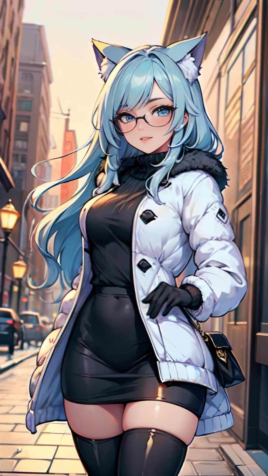 Masterpiece, beautiful art, professional artist, 8k, art style by sciamano240, very detailed face, detailed hair, detailed clothes, detailed fabric, 1girl, perfectly drawn body, beautiful face, long hair, light blue hair , very detailed blue cat eyes, wide smile, wearing trendy winter clothes , winter coat,black thigh boots, black pencil skirt, glasses, wearing gloves, pouty lips , rosey cheeks, evening winter setting, , show details in eyes, upclose view, looking at viewer, walking on sidewalk, purse on shoulder,