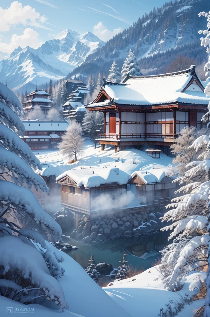 (Best Quality, 8K, masutepiece :1.3), snow mountains, Quiet snow-capped landscape, Breathtaking natural landscapes, Outside, traditional japanese building, quiet mountain resort, A quiet winter wonderland, Snow-covered peaks, Majestic beauty, pristine white snow,