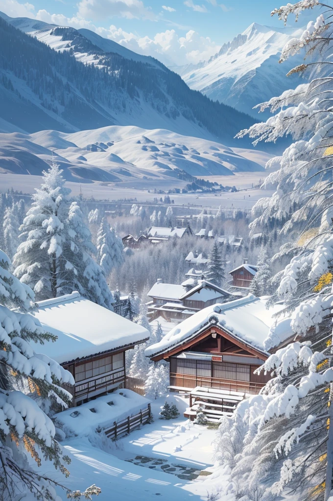 (Best Quality, 8K, masutepiece :1.3), snow mountains, Quiet snow-capped landscape, Breathtaking natural landscapes, Outside, traditional japanese building, quiet mountain resort, A quiet winter wonderland, Snow-covered peaks, Majestic beauty, pristine white snow,