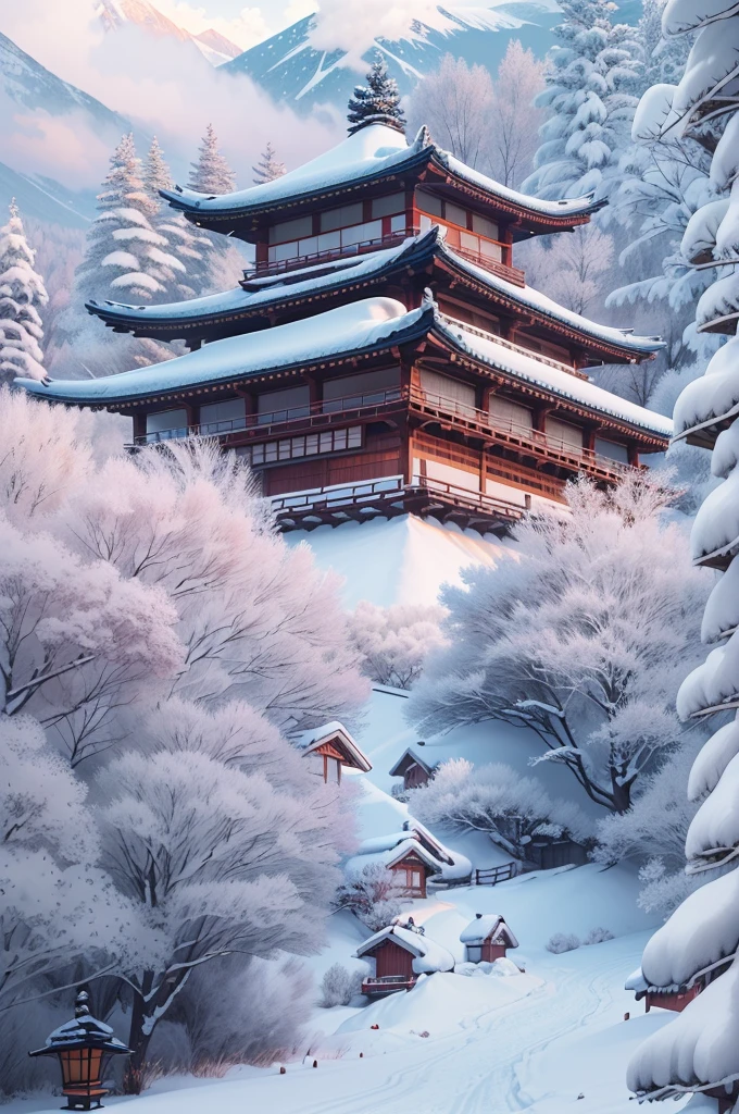 (Best Quality, 8K, masutepiece :1.3), snow mountains, Quiet snow-capped landscape, Breathtaking natural landscapes, Outside, traditional japanese building, quiet mountain resort, A quiet winter wonderland, Snow-covered peaks, Majestic beauty, pristine white snow,