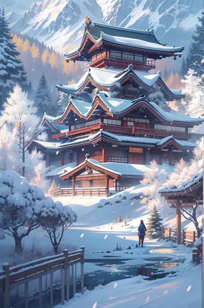 (Best Quality, 8K, masutepiece :1.3), snow mountains, Quiet snow-capped landscape, Breathtaking natural landscapes, Outside, traditional japanese building, quiet mountain resort, A quiet winter wonderland, Snow-covered peaks, Majestic beauty, pristine white snow,