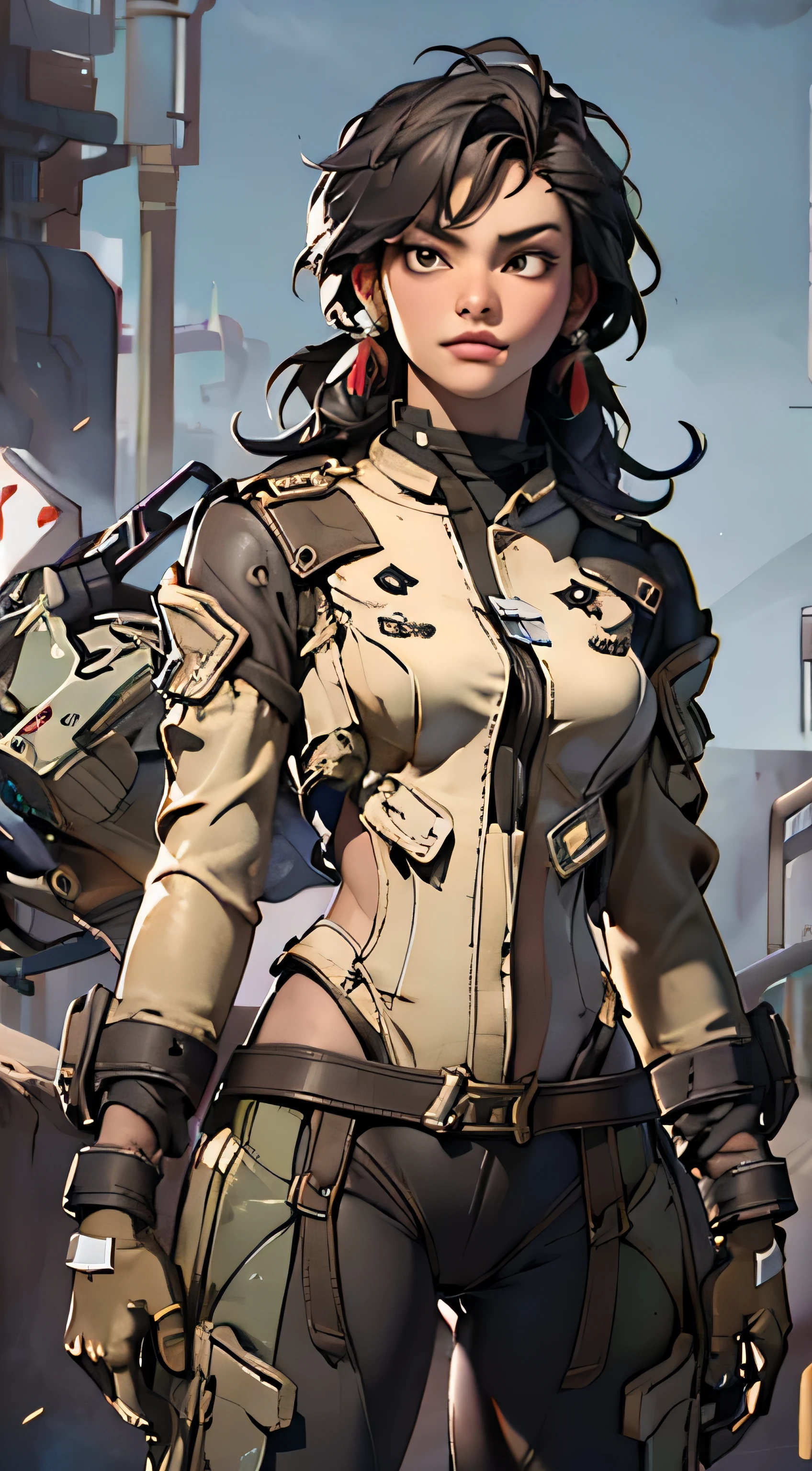 11:23(((Best quality at best: 1.4))),(Unbeatable masterpiece), (hyper HD),(Hyper-realistic 8k CG)、（dark colored hair） ((( body))), (((1 girl in))), 25-year-old American soldier with perfect body,,Beautiful and well-groomed face,muscular body:1.2,detailed solid color jacket, (Pictures from head to thighs)， Complex equipment, Dark Green，long trousers，Close-fitting clothes are dark，With white stars and off-white stripes,,,,,Metal electronic parts for armor, Poison tattoos )