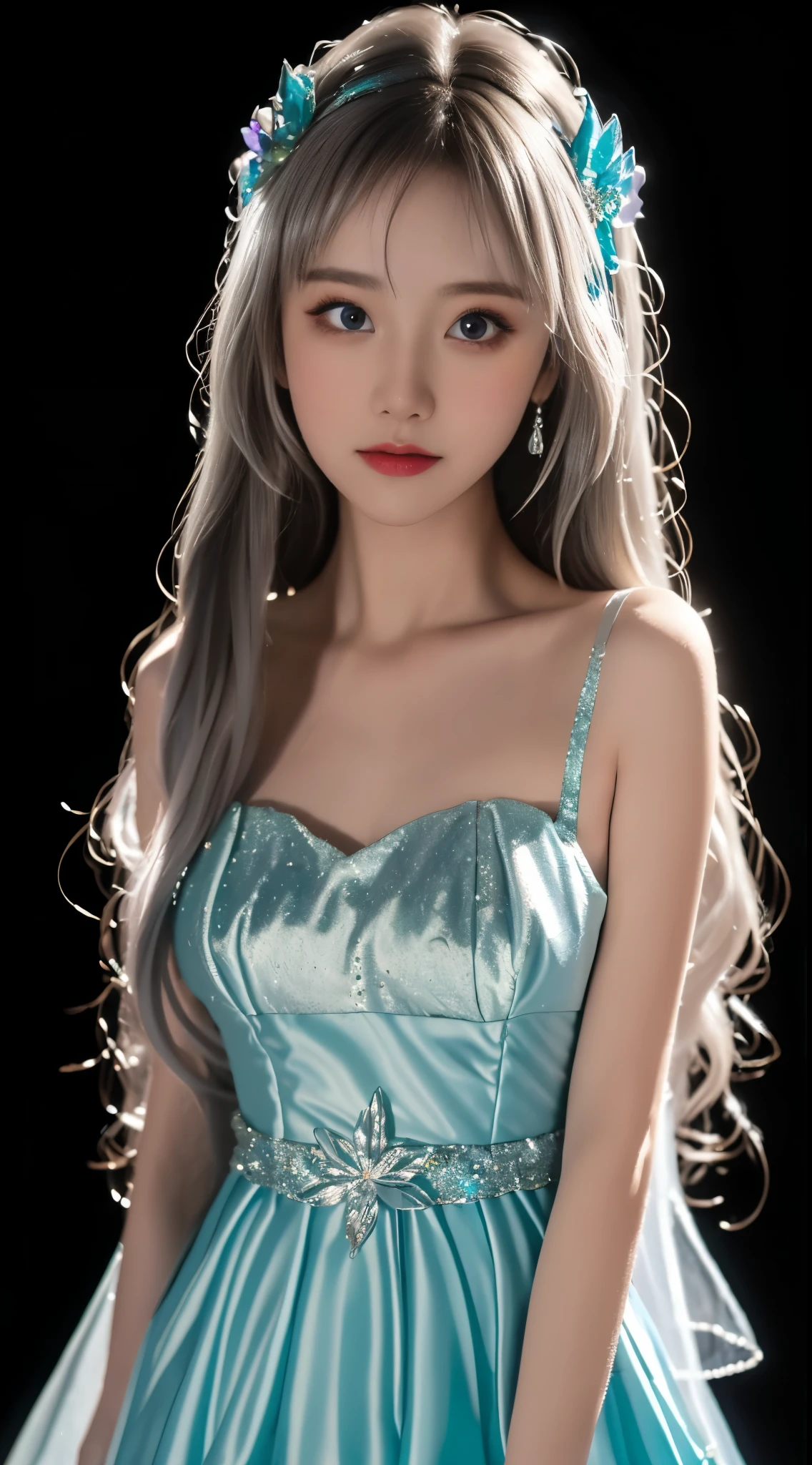 ((best quality, 8 thousand, masterpiece:1.4)), (25 year old woman), ((very small face:1.3)), (glowing skin:1.5), (huge cleavage tits:1.4), Highly detailed face and skin texture, detailed eyes, (long straight hair:1.4), (white background:1.3), (Strapless tight silk dress:1.4), (thin legs:1.4), (looking down:1.5), I'm putting my legs together, both arms are open, beautiful legs are nice,