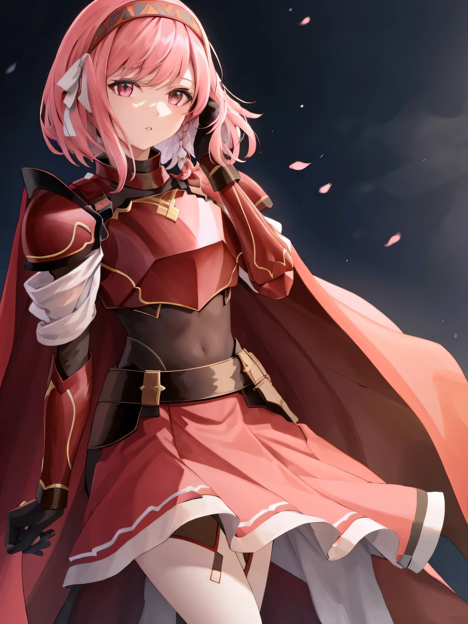 lapis fe, 1girl, solo, looking at viewer, bangs, skirt, gloves, braid, cowboy shot, hairband, parted lips, black gloves, pink eyes, cape, armor, red skirt, shoulder armor, side braid, hand in own hair, breastplate