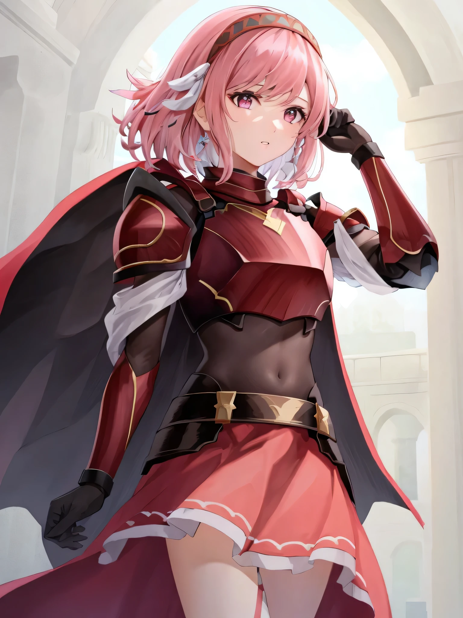 lapis fe, 1girl, solo, looking at viewer, bangs, skirt, gloves, braid, cowboy shot, hairband, parted lips, black gloves, pink eyes, cape, armor, red skirt, shoulder armor, side braid, hand in own hair, breastplate