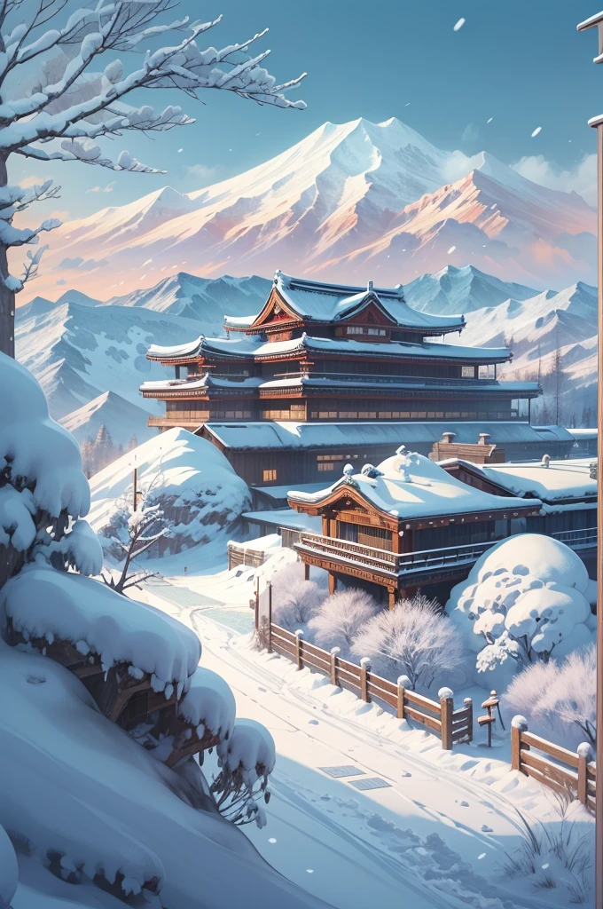 (Best Quality, 8K, masutepiece :1.3), snow mountains, Quiet snow-capped landscape, Breathtaking natural landscapes, Outside, traditional japanese building, quiet mountain resort, A quiet winter wonderland, Snow-covered peaks, Majestic beauty, pristine white snow,