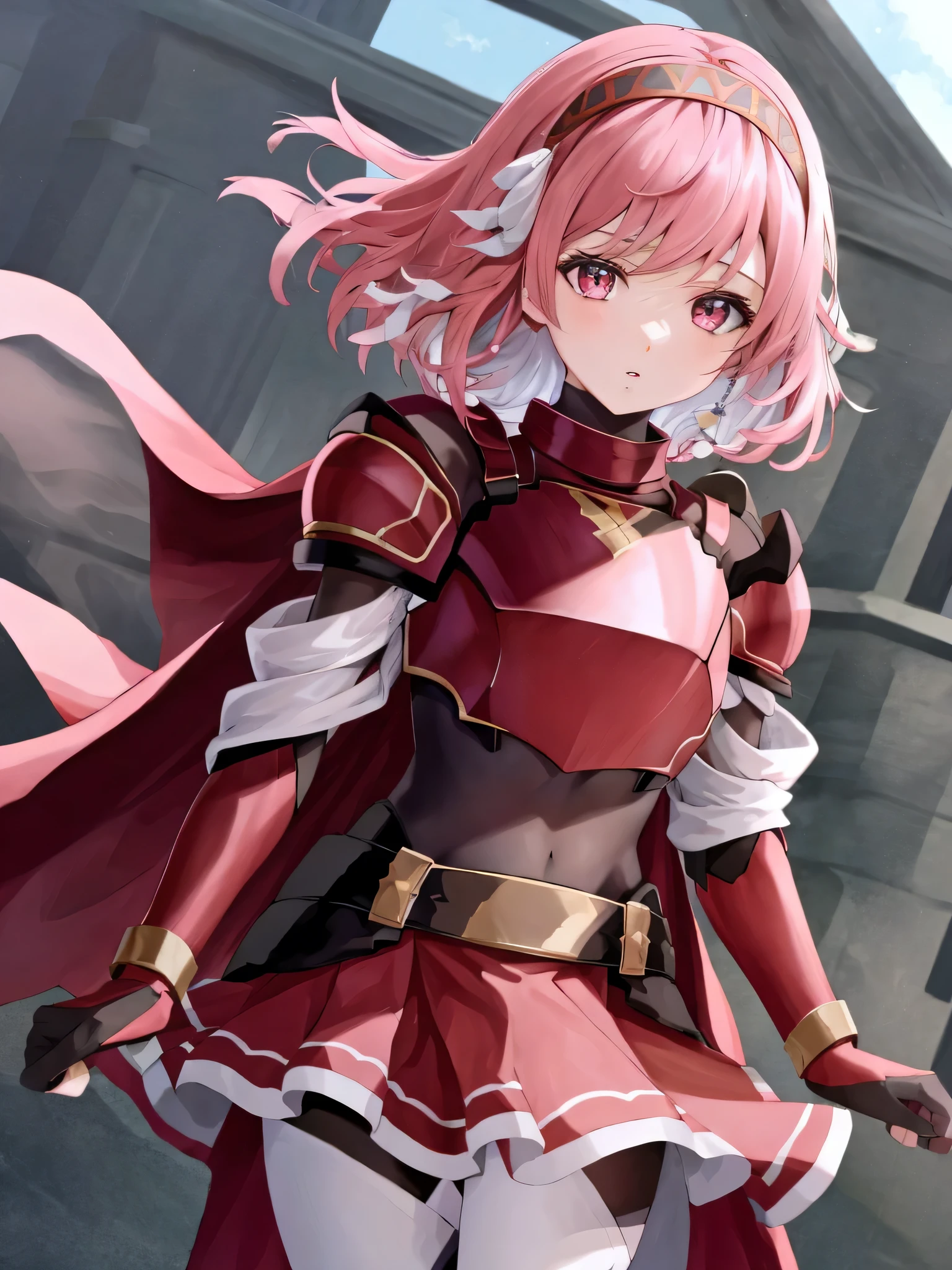 lapis fe, 1girl, solo, looking at viewer, bangs, skirt, gloves, braid, cowboy shot, hairband, parted lips, black gloves, pink eyes, cape, armor, red skirt, shoulder armor, side braid, hand in own hair, breastplate