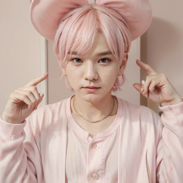 Create image yoongi from bts cute eyes light pink hair pink outfit sweet kingdom cute adorable man