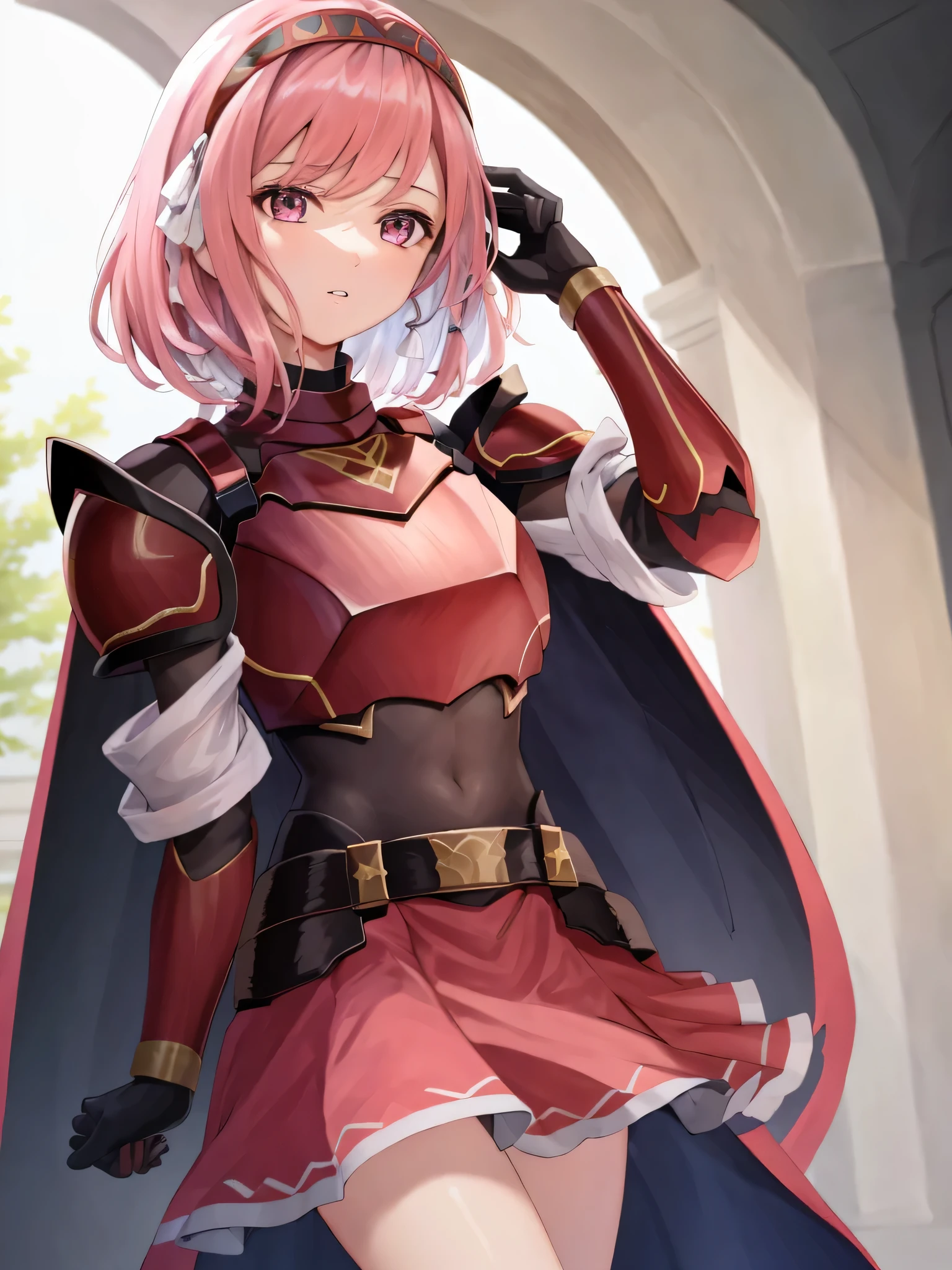 lapis fe, 1girl, solo, looking at viewer, bangs, skirt, gloves, braid, cowboy shot, hairband, parted lips, black gloves, pink eyes, cape, armor, red skirt, shoulder armor, side braid, hand in own hair, breastplate