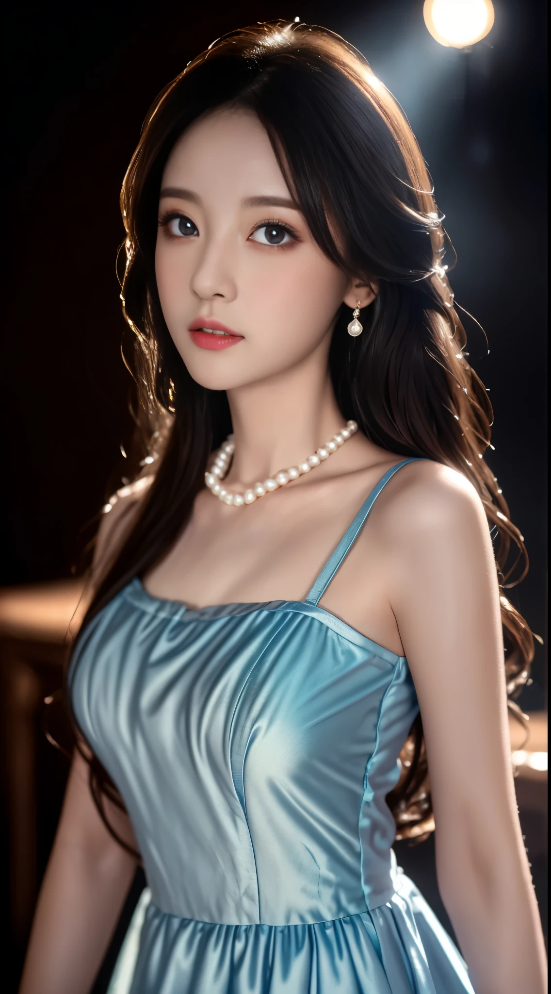 Sweet girl clothes2,pearl necklace,blue dress,flower, Best quality at best,tmasterpiece,A high resolution,1 busty girl,dingdall effect,realistically,edge lit,two color lights,(highdetailskin:1.2),8k ultra high definition,pure,Dolce,florest background,coloured background,Based on physical rendering,Perfect light and shadow,extremly high detail,Raised sexy,perfect body figure,Extremely beautiful,largeeyes,long eyelasher,The pupil texture is delicate,Perfect pupil quality,tmasterpiece,16k,photore,Bigchest,