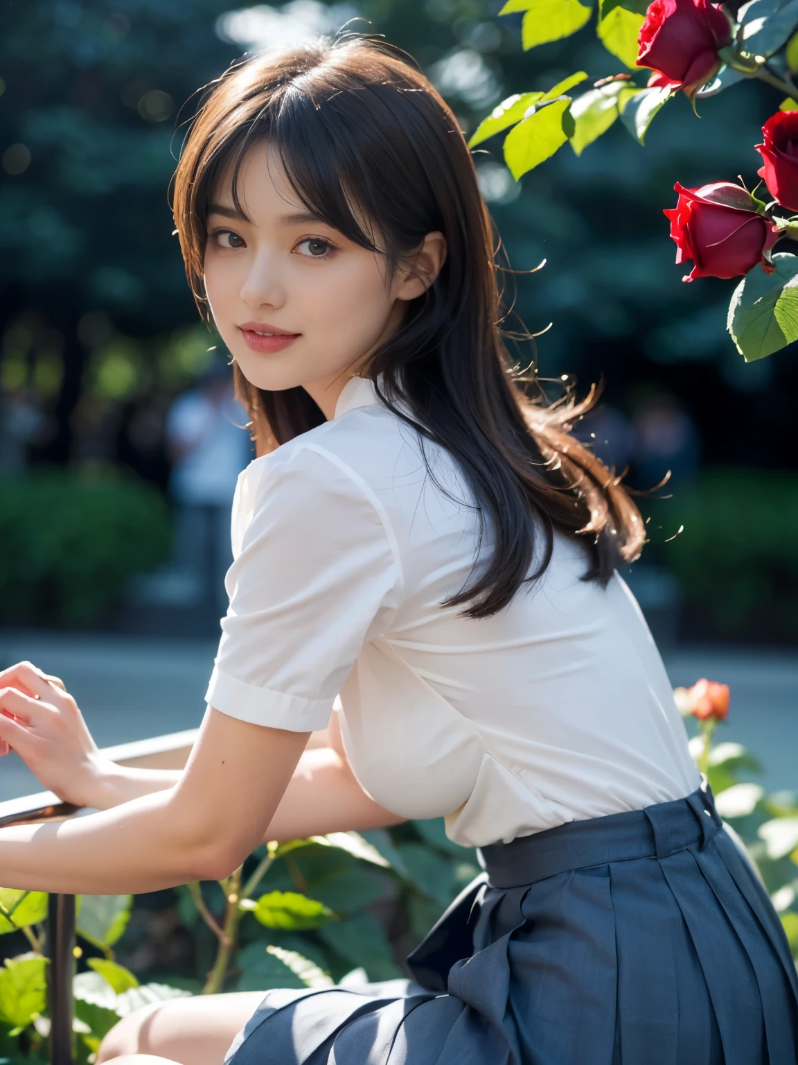 ((((top-quality))))、(((Ultra Precision CG16K Wallpapers)))、(((masterpiece)))、(((ultra-detailliert)))、(((Ultra-extreme details)))、1Man Woman、a matural female、a 25yo woman、((Japanese face))、((extremely beautiful face))、((tanaka minami:1.5))、((Soft wave semi-long hair:1.3))、(shinny hair)、Bangs up to the eyebrows、Beautiful brown hair、Beautiful delicate eyes、Brown eyes、raised eyebrows、lofty nose、small nostrils、small mouth、seductive lips、slightly open mouth、Beautiful breasts、C-cup size breasts、cleavage of the breast、Plump body、perfectly proportions、perfect anatomia、perfect-composition、beautiful detailed shading、Beautiful natural lighting、Beautiful detail glow、depth of fields、(((a high chroma)))、(((realisitic:1.9)))、((Vivid:1.4))、((Beautiful skin))、((Skin texture))、((realisiticな皮膚感))、(((Head-to-thigh shot:1.5)))、((Angle seen from behind:1.5))、((a smile:1.4))、(Eyes looking at me)、Bright sunshine、(((Stand in the rose garden:1.5)))、((Slouching Pose:1.5))、(((White short sleeve open collar shirt:1.5)))、(((Navy blue pleated miniskirt:1.5)))、