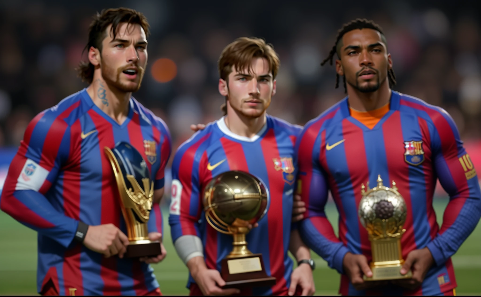three football players holding trophies on a field with a crowd watching, o melhor de sempre, poser, Lionel Messi, FC Barcelona, Messi como um viking, poser as cyborg, Trindade, O melhor, Lendas, Messi mergulha em Ronaldo, ganhador, Carregado, Wining, Engole, tiro centralizado, Directed by: Arnold Bronckhorst, 1997 )